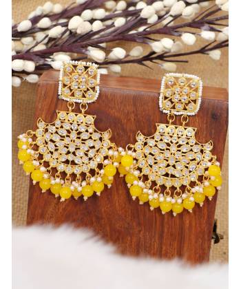 Crunchy Fashion Ethnic Gold Plated  Kundan Work Yellow Pearl Dangler Earrings RAE2103