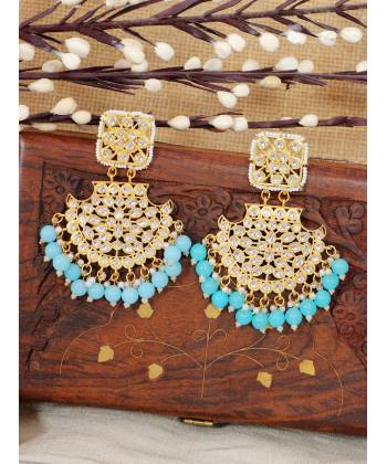 Crunchy Fashion Ethnic Gold Plated  Kundan Work Sky Blue Pearl Dangler Earrings RAE2104