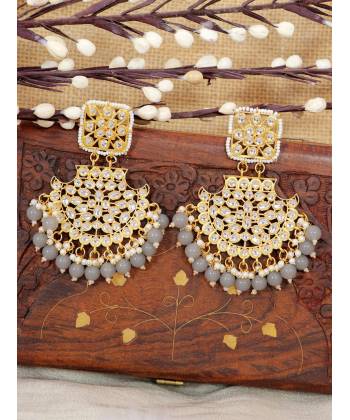 Crunchy Fashion Ethnic Gold Plated  Kundan Work Grey Pearl Dangler Earrings RAE2105