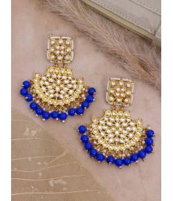Crunchy Fashion Ethnic Gold Plated  Kundan Royal Blue Pearl Dangler Earrings RAE2106