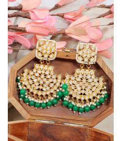 Crunchy Fashion Ethnic Gold Plated  Kundan Work Green Pearl Dangler Earrings RAE2107