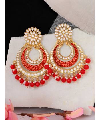 Crunchy Fashion Red Gold Plated  Pearl Studded Meenakari Chandbali Earrings RAE2110