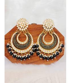Crunchy Fashion Black Gold Plated  Pearl Studded Meenakari Chandbali Earrings RAE2112