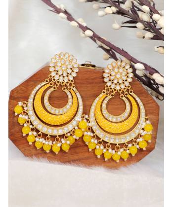 Crunchy Fashion Yellow Gold Plated  Pearl Studded Meenakari Chandbali Earrings RAE2113