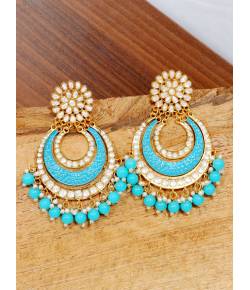 Crunchy Fashion Sky Blue Gold Plated  Pearl Studded Meenakari Chandbali Earrings RAE2114