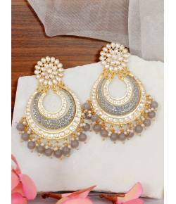Crunchy Fashion Grey Gold Plated  Pearl Studded Meenakari Chandbali Earrings RAE2115