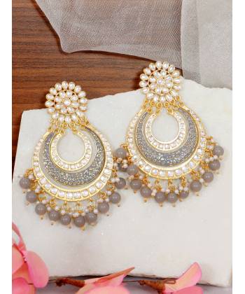 Crunchy Fashion Grey Gold Plated  Pearl Studded Meenakari Chandbali Earrings RAE2115