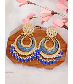 Crunchy Fashion Blue Gold Plated  Pearl Studded Meenakari Chandbali Earrings RAE2116