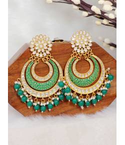 Crunchy Fashion Green Gold Plated  Pearl Studded Meenakari Chandbali Earrings RAE2117