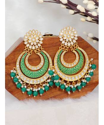 Crunchy Fashion Green Gold Plated  Pearl Studded Meenakari Chandbali Earrings RAE2117