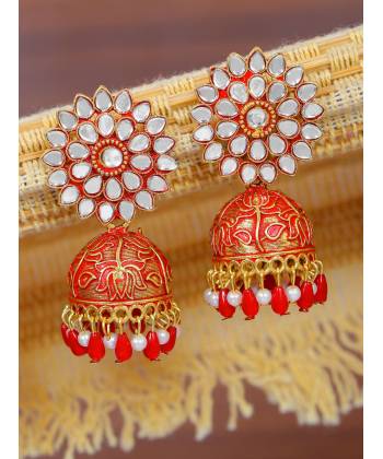 Crunchy Fashion Gold-Plated Kundan Red Floral  Earring Set RAE2120