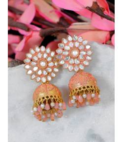 Crunchy Fashion Gold-Plated Kundan Peach Floral  Earring Set RAE2125