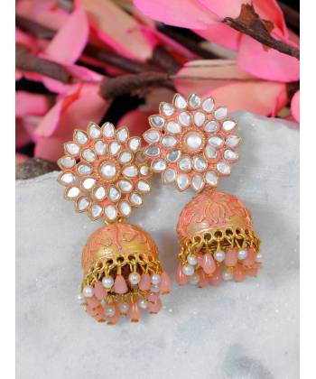 Crunchy Fashion Gold-Plated Kundan Peach Floral  Earring Set RAE2125