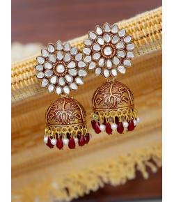 Crunchy Fashion Gold-Plated Kundan Maroon Floral  Earring Set RAE2126