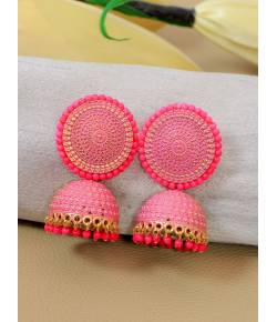 Crunchy Fashion Gold Toned Pink Pearl Embellished Jhumki Earrings RAE2131