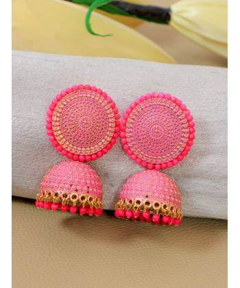 Crunchy Fashion Gold Toned Pink Pearl Embellished Jhumki Earrings RAE2131