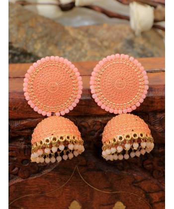 Crunchy Fashion Gold Toned Peach Pearl Embellished Jhumki Earrings RAE2132
