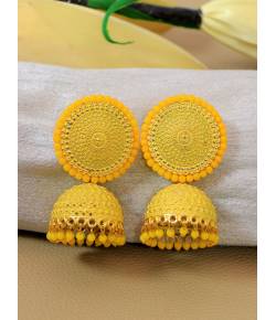 Crunchy Fashion Classic Yellow Pearl Gold Enamel Jhumki Earrings RAE2133