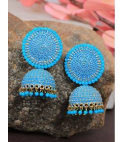 Crunchy Fashion Classic Dark Blue Pearl Gold Enamel Jhumki Earrings RAE2134