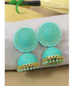 Crunchy Fashion Classic Turquoise Pearl Gold Enamel Jhumki Earrings RAE2135