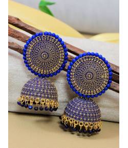 Crunchy Fashion Gold Toned Blue Pearl Embellished Jhumki Earrings RAE2136
