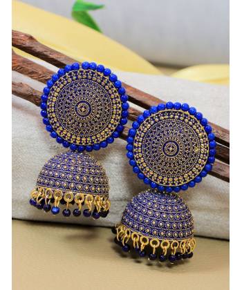 Crunchy Fashion Gold Toned Blue Pearl Embellished Jhumki Earrings RAE2136