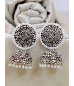 Crunchy Fashion Classic Pearl Oxidized Silver Jhumki Earrings RAE2138