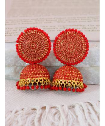 Crunchy Fashion Kundan/Pearl Red & Green Ethnic Chandbali Earring RAE2140