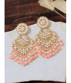Crunchy Fashion Kundan Polki/Pearl Peach  Dangler Earrings RAE2144