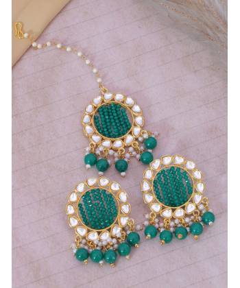 Crunchy Fashion Gold-Plated Green Kundan & Pearl Errings Tika RAE2145