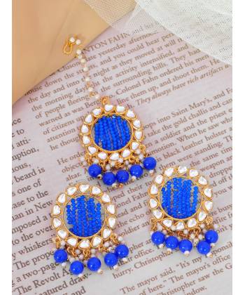 Crunchy Fashion Gold-Plated Blue Kundan & Pearl Errings Tika RAE2146