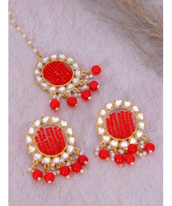 Crunchy Fashion Gold-Plated Red Kundan & Pearl Errings Tika RAE2148