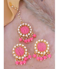 Crunchy Fashion Gold-Plated Pink Kundan & Pearl Errings Tika RAE2149