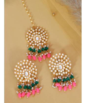 Crunchy Fashion Gold-Plated Pearls Pink & Green Ethnic Kundan Earring & Maang Tika Set 