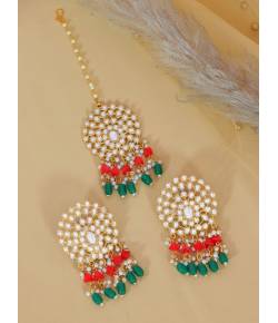 Crunchy Fashion Gold-Plated Pearls Red & Green Ethnic Kundan Earring & Maang Tika Set RAE2164