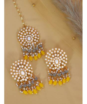 Crunchy Fashion Gold-Plated Pearls Grey & Yellow Ethnic Kundan Earring & Maang Tika Set RAE2167