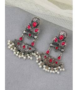 Crunchy Fashion Oxidized Silver Red Stone Pearl Drop Earrings RAE2209