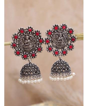 Crunchy Fashion  Oxidised Silver Indian Goddess Laxmi Design Temple Jhumki Earrings RAE2214