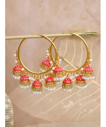 Red Enamel Gold-Plated Hoop Jhumka Earrings