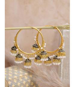 Black Enamel Gold-Plated Hoop Jhumka Earrings