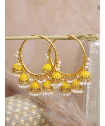 Yellow Enamel Gold-Plated Hoop Jhumka Earrings