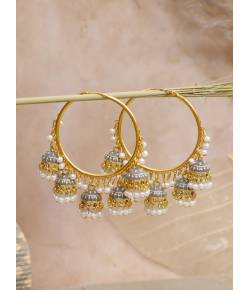 Grey Enamel Gold-Plated Hoop Jhumka Earrings