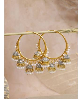 Grey Enamel Gold-Plated Hoop Jhumka Earrings