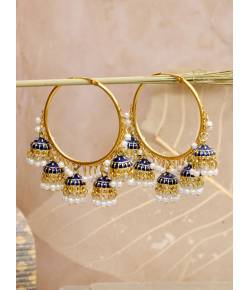 Blue Enamel Gold-Plated Hoop Jhumka Earrings