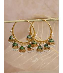 Green Enamel Gold-Plated Hoop Jhumka Earrings
