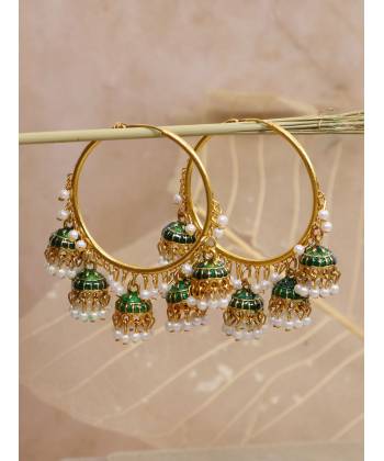 Green Enamel Gold-Plated Hoop Jhumka Earrings