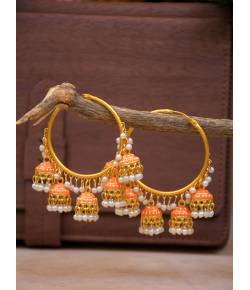 Peach Enamel Gold-Plated Hoop Jhumka Earrings