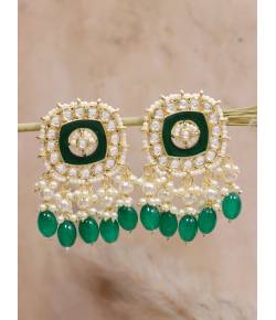 Crunchy Fashion Gold & Green Kundan Square Pearl Drop Dangler Earrings RAE2230