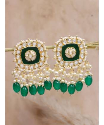 Crunchy Fashion Gold & Green Kundan Square Pearl Drop Dangler Earrings RAE2230