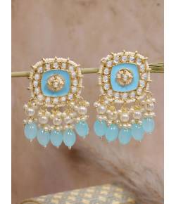 Crunchy Fashion Gold & Turquoise Blue Kundan Square Pearl Drop Dangler Earrings RAE2232